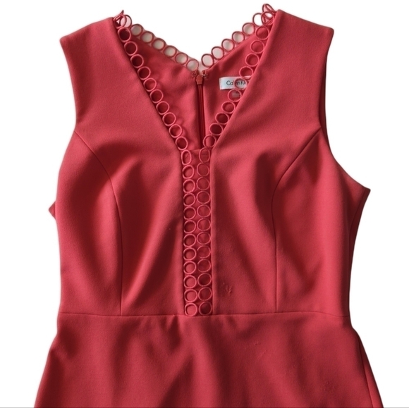 Calvin Klein bright Coral knit sheath dress crochet trim Sleeveless  v neck sz 6 - Picture 2 of 9